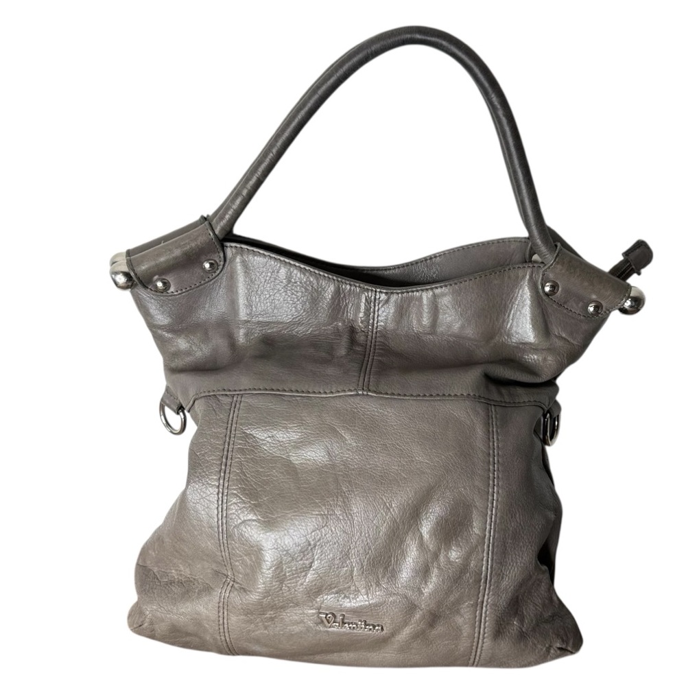 VALENTINA Taupe Grey Leather Shoulder Bag Removable Crossbody Strap Studs Italy